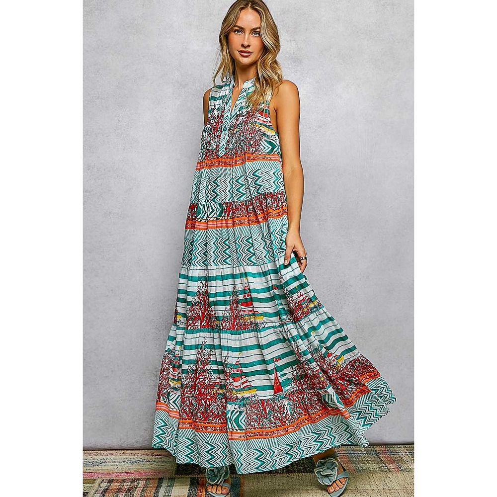 POL Womens‎ Cotton Nautical Sailboat Print Tiered Maxi Dress  V-Neck Green SMALL